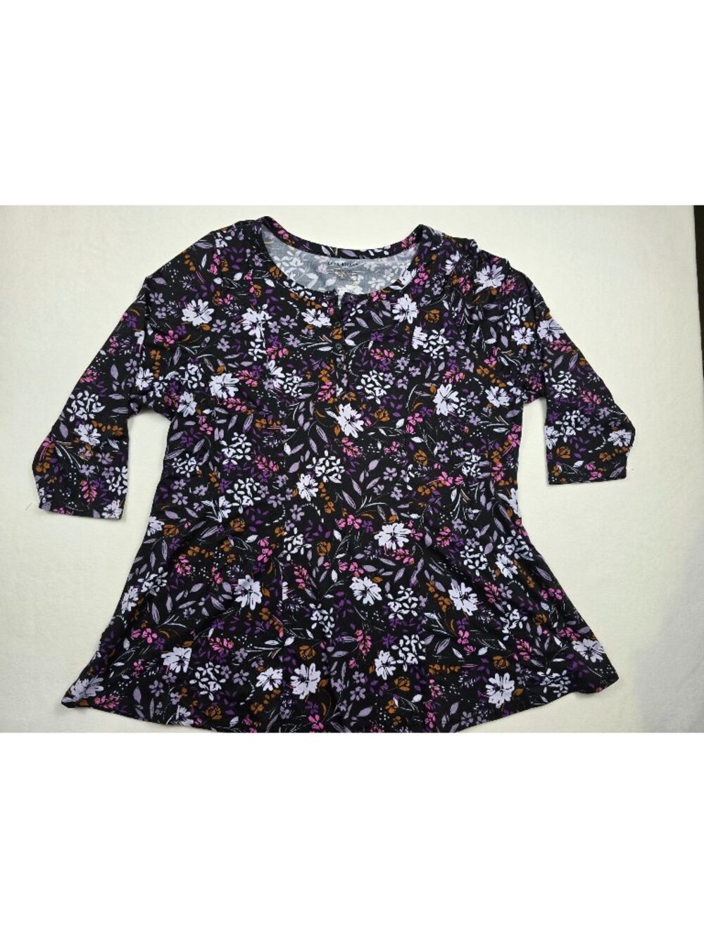 Lane Bryant 14/16 Floral Black & Purple 3/4 Sleeve Tunic Top Stretchy